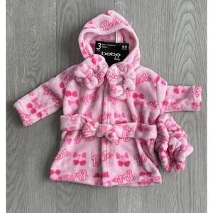 NEW Bebe Baby Size 0-9M 3 Piece Pink Cherry & Bow Set - Robe Slippers Headband